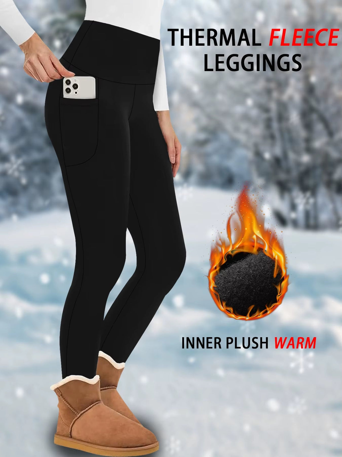 High Waisted Winter Leggings with Pockets for Women - Thermal Fleece Lined Tummy Control Thick Warm Tights Workout Running