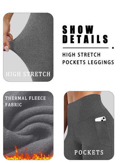 High Waisted Winter Leggings with Pockets for Women - Thermal Fleece Lined Tummy Control Thick Warm Tights Workout Running