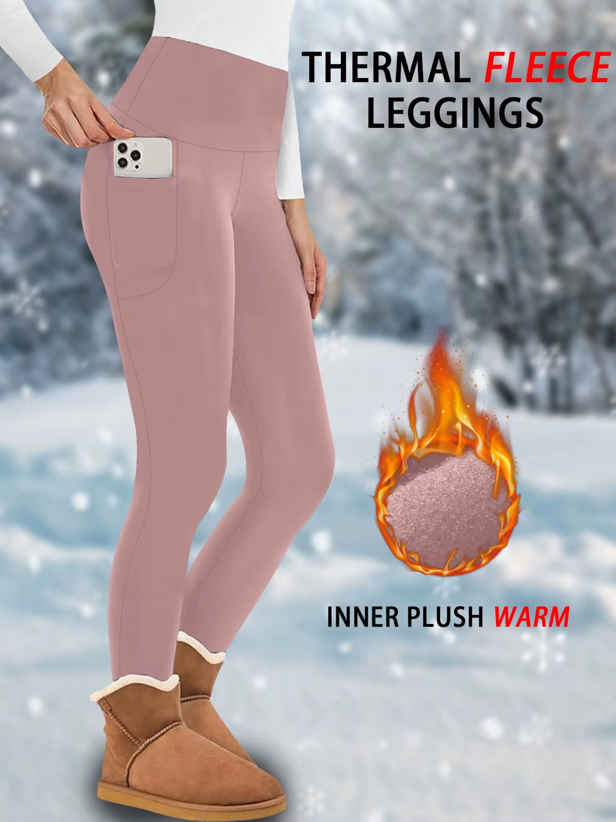 High Waisted Winter Leggings with Pockets for Women - Thermal Fleece Lined Tummy Control Thick Warm Tights Workout Running