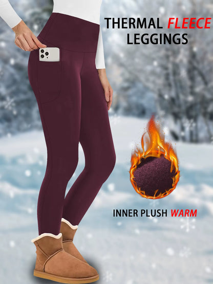 High Waisted Winter Leggings with Pockets for Women - Thermal Fleece Lined Tummy Control Thick Warm Tights Workout Running