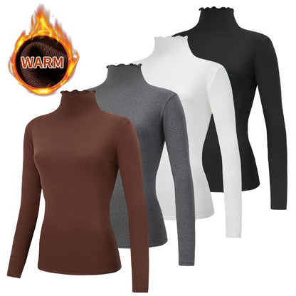 3/1 Piece Autumn and Winter Women'S Fashionable Versatile High Neck Top with Fungus Edge Comfortable and Versatile Warm T-Shirt