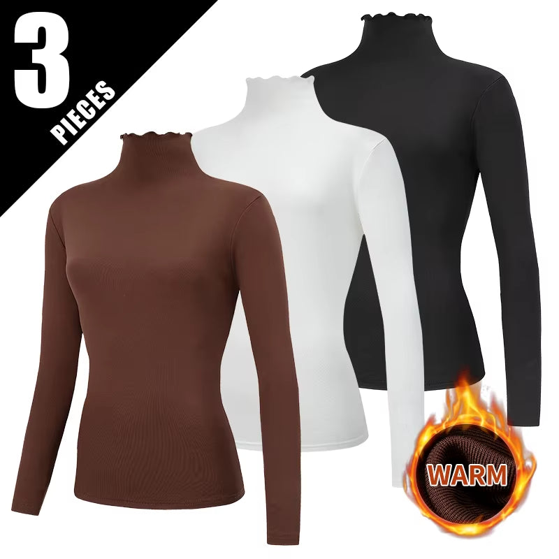 3/1 Piece Autumn and Winter Women'S Fashionable Versatile High Neck Top with Fungus Edge Comfortable and Versatile Warm T-Shirt